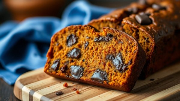 Moist sweet potato chocolate bread slice with melted chocolate.