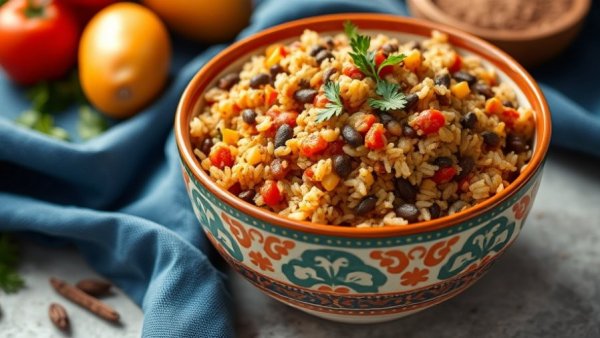 Delicious Mediterranean lentils and rice freshly garnished in a bowl.