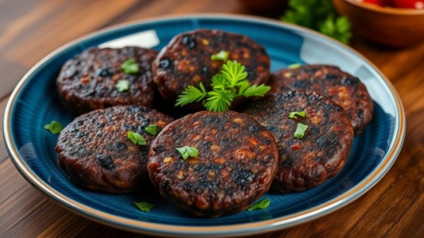 Delicious black bean patties garnished with herbs on a plate.