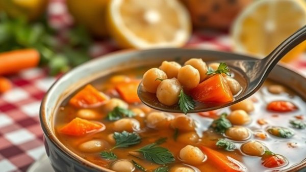 Delicious Greek Chickpea Soup in bowl, spoonful displayed.