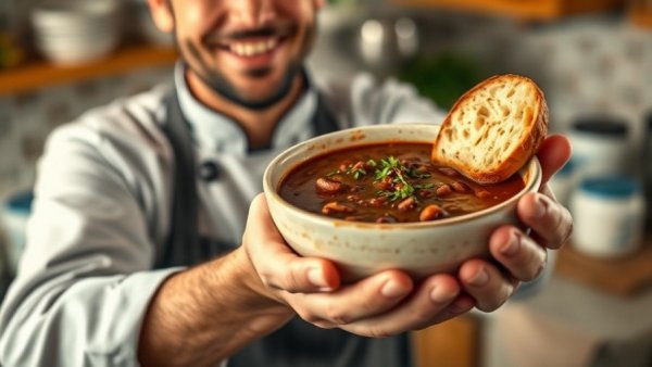 Delicious black bean soup recipe with bread.