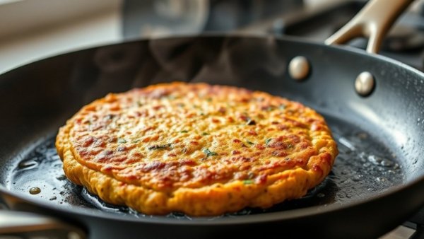 Golden brown lentil potato patty cooking on a pan, close-up.