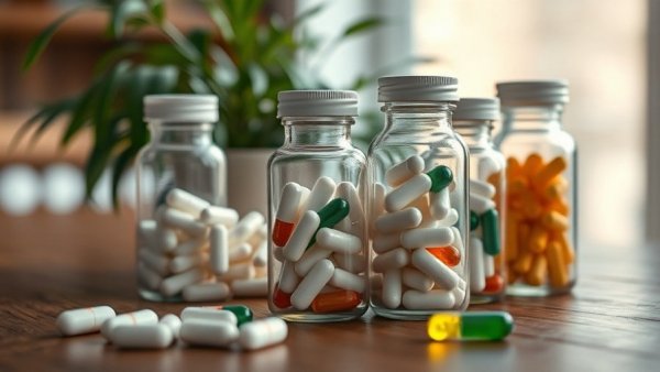 Need a Magnesium Supplement: glass supplement bottles on a table.