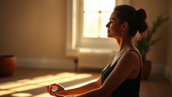 Woman practicing yoga indoors, feeling calm and focused in sunlight.