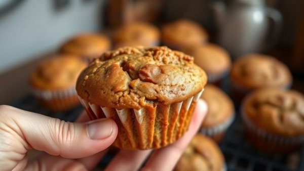 Hand holding oil-free carrot cake muffins in a kitchen setting.