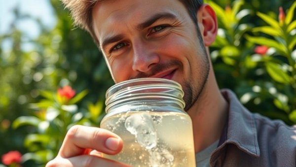 Man holding jar of sparkling wellness drink outdoors amidst greenery.