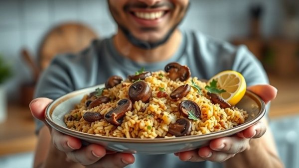 Vibrant mushroom and lentil rice dish in a kitchen setting.
