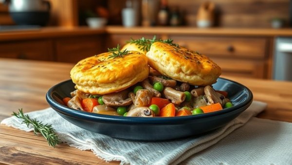 Vegan Cheddar Bay Biscuit Pot Pie served with vegetables in a kitchen.