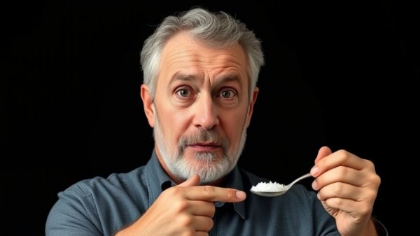 Concerned man highlighting salt affecting taste buds on a black background.