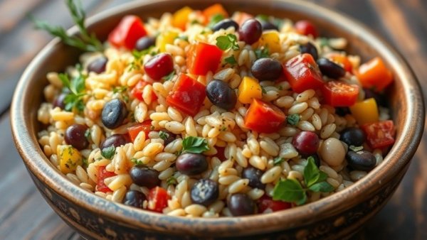 Mediterranean Orzo and Beans vibrant salad with colorful veggies in a bowl.