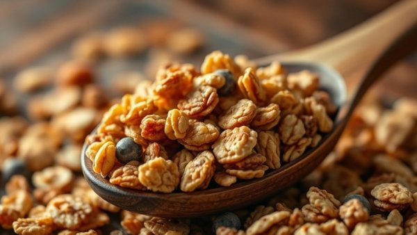 Healthy granola recipe no oil, close-up with wooden spoon.