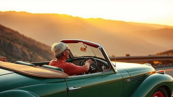 Classic convertible on a scenic sunset drive, showcasing cool road trips in the US.