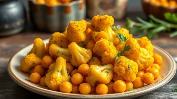 Turmeric cauliflower and chickpeas on a plate with herbs.