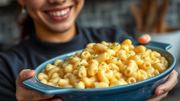 Delicious vegan baked mac and cheese in a blue dish.