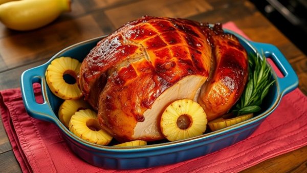 Vegan maple glazed ham in blue dish with pineapples, holiday taste test.
