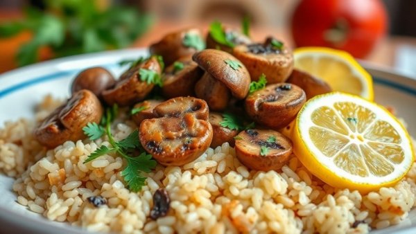 Mediterranean mushroom rice garnished with herbs and lemon.