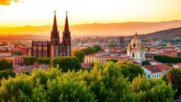 Historic skyline of San Miguel de Allende at sunset.