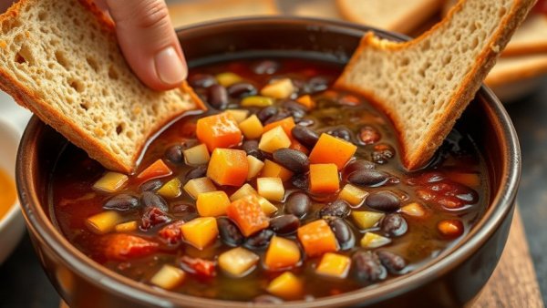 Delicious black bean soup recipe with bread being dipped in a bowl.