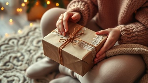 Eco-friendly gift wrapping with lace and brown paper.