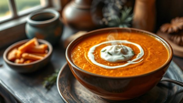 Curried red lentil butternut soup with cream garnish steaming in a bowl.