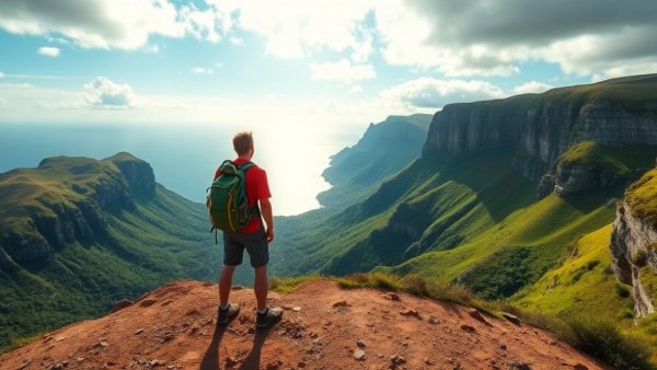 Solo adventurer on U.S. island getaway exploring stunning coastal cliffs.