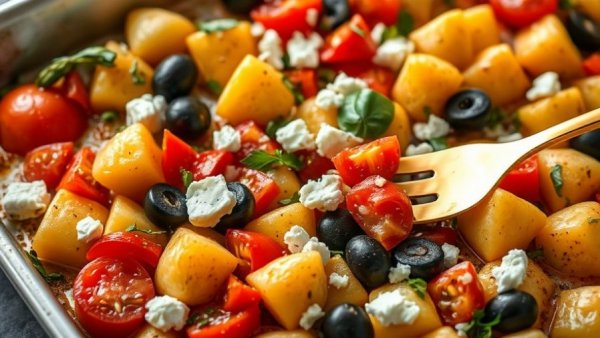 Delicious Greek sheet pan gnocchi with vibrant vegetables and cheese.