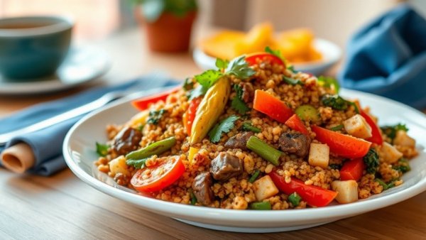 Mediterranean Stir Fry with colorful vegetables on a white plate.