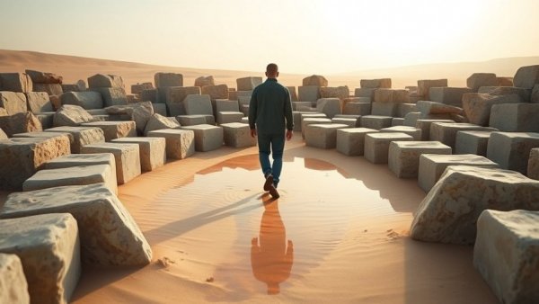Tranquil walk through a desert stone labyrinth for mindfulness.