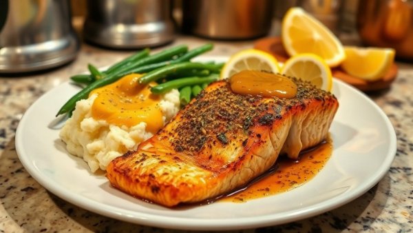Naturalite Dinner: grilled salmon, mashed potatoes, green beans.
