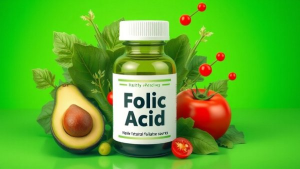 Natural folate sources with folic acid bottle and healthy foods illustration.