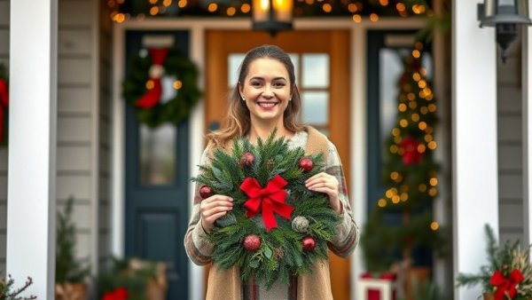 Cozy rituals for December: Woman with holiday wreath on porch.