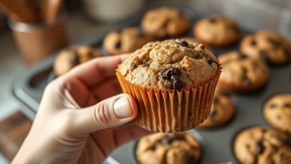 High fiber muffins in a tray, hand holding one muffin.
