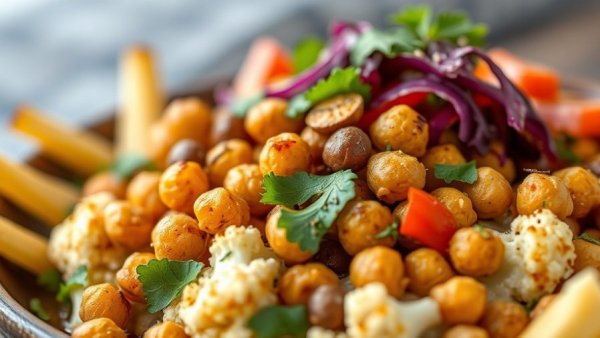 Close-up of a vibrant cauliflower shawarma bowl with chickpeas.