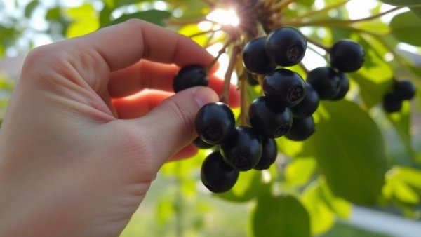 Hand picking mystery fruits from a sunlit tree in a backyard.