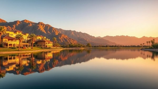 Golf and spa resorts wellness travelers scene with serene lake reflection