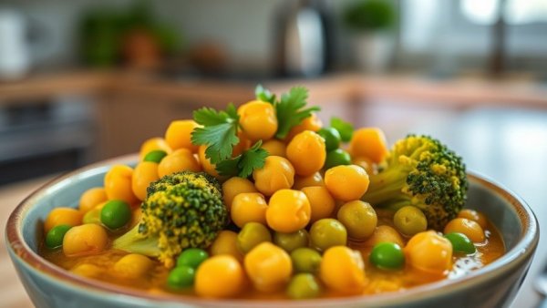 Close-up of lemon vegetable curry with chickpeas and broccoli.