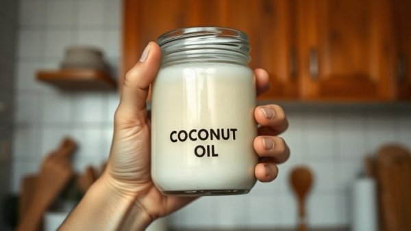 Unrefined coconut oil jar held in kitchen, accessible fitness routines.