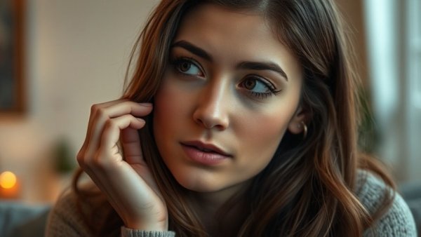 Woman reflecting on transition, indoors with soft light.