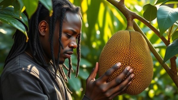 The creator of all things: Person with dreadlocks examining a jackfruit in garden.