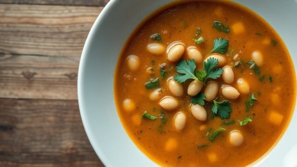 Harissa Butterbean Soup in a white bowl on a wooden table.