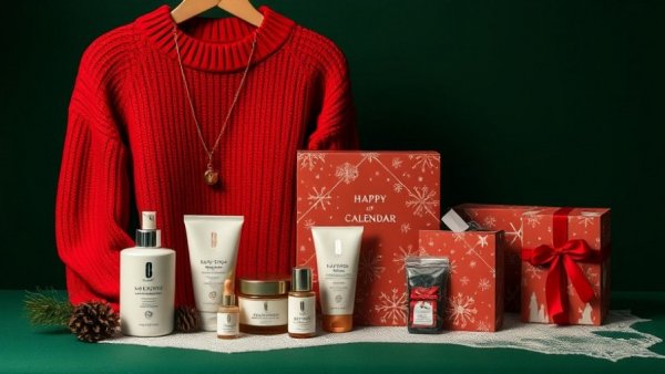 Cozy December essentials like a red sweater and festive items.