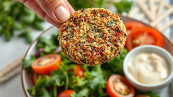 Lentil Quinoa Patties with fresh salad and creamy dressing.