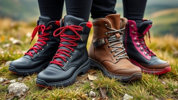 Variety of best women's hiking boots on grass.