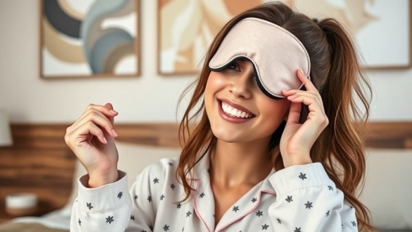 Woman in holiday pajamas on bed with eye mask, cozy room setting.