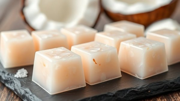 Lychee coconut jelly cubes on slate with coconut garnish.