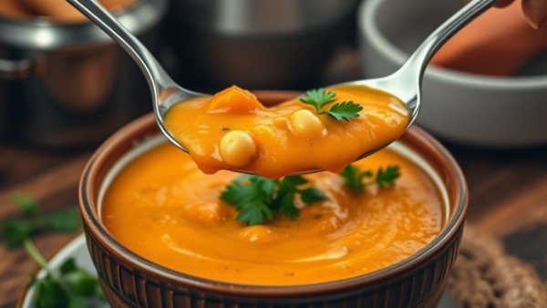 Chickpea Sweet Potato Soup with fresh herbs in a bowl, warm and cozy.