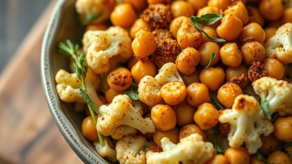 Vibrant Greek cauliflower bowl with roasted vegetables.