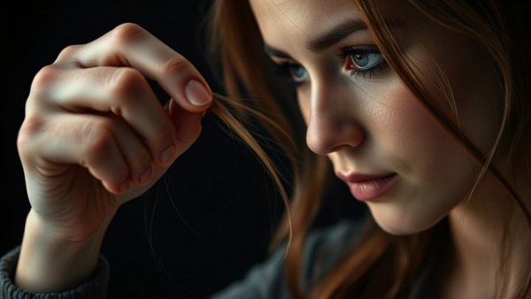 Woman conducting hair health analysis, focused study