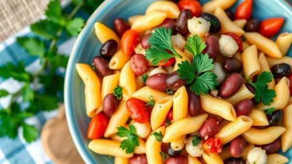 Vibrant three bean pasta salad with colorful vegetables.