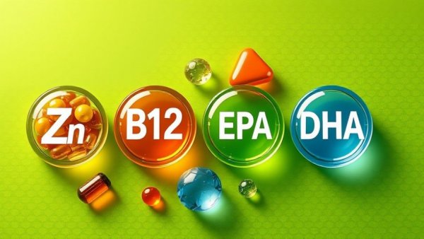Colorful icons of supplements for brain health: Zn, B12, EPA, DHA.